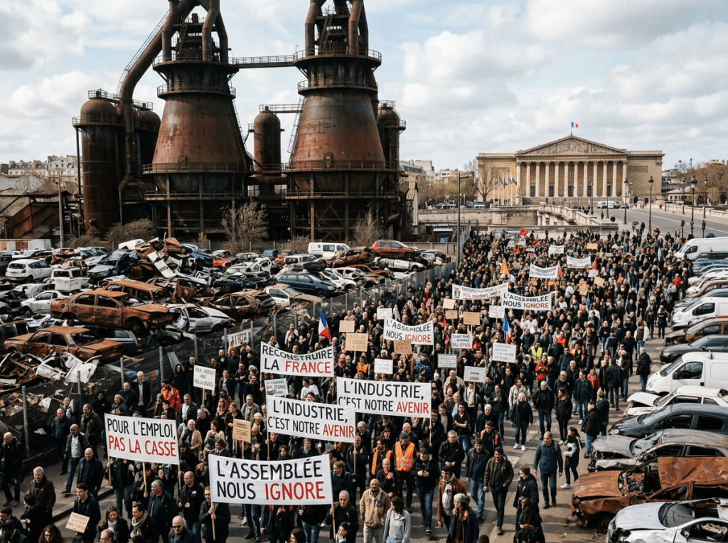Crowd holding signs protesting for jobs and industry near rusted industrial buildings and wrecked cars