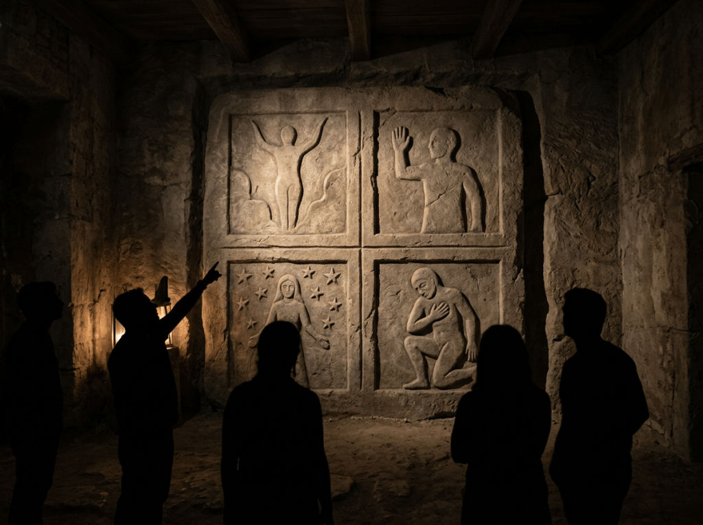 Four ancient stone panels carved with human figures displayed in dimly lit room with silhouettes of visitors
