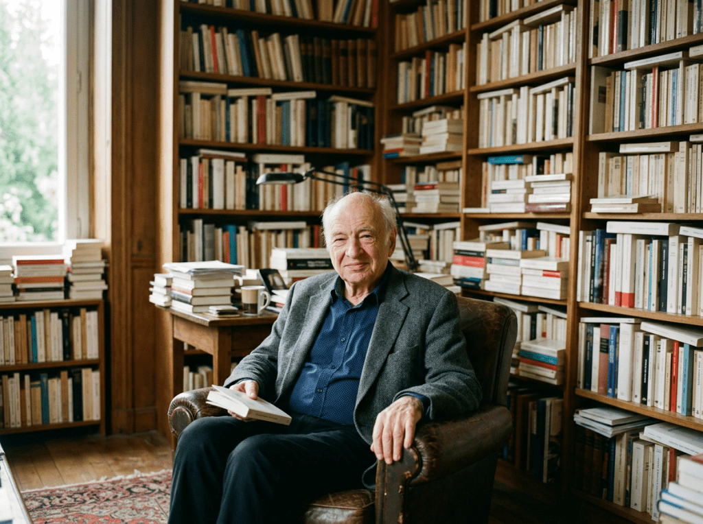 Elderly man sitting in a leather armchair holding a book surrounded by shelves full of books