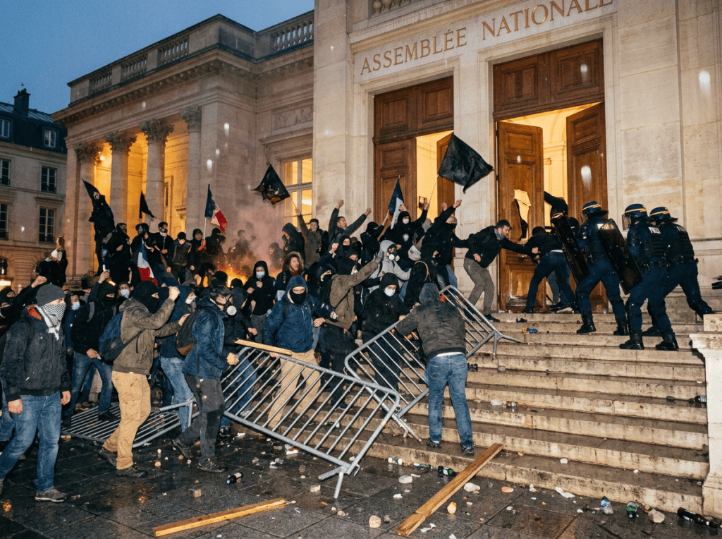 Crowd of protesters removing metal barriers and facing police officers with shields at the entrance of Assemblée Nationale