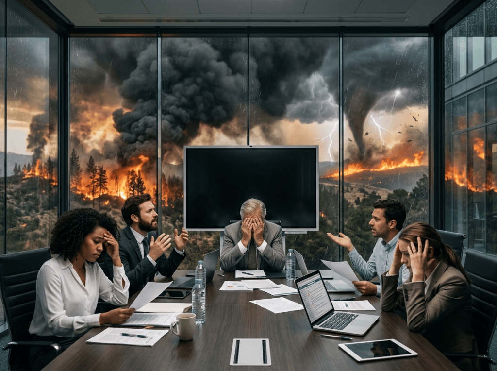 Five people in a boardroom react to wildfires and lightning outside