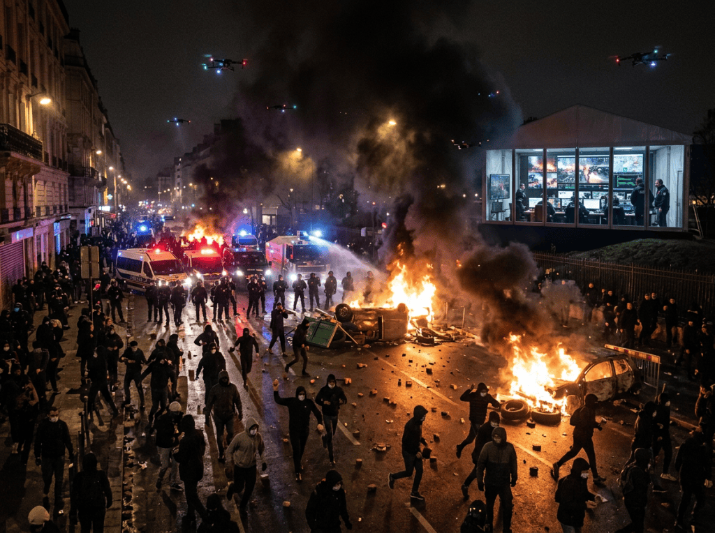 Nighttime street riot with burning vehicles, police, crowds, smoke, and drones