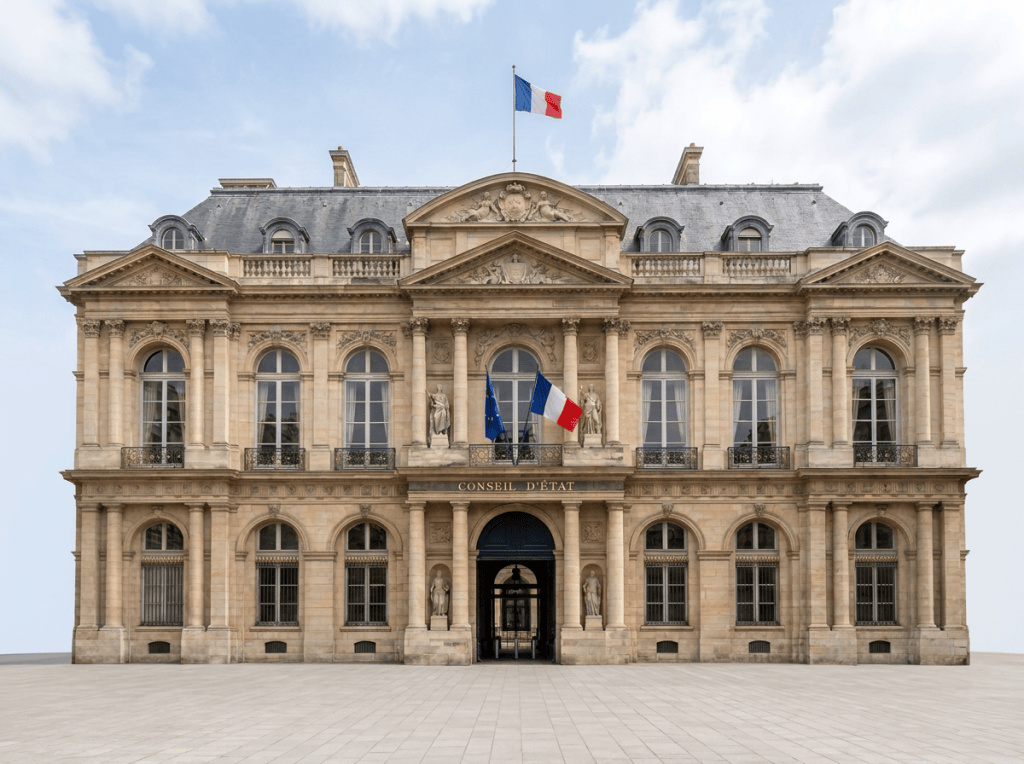 Conseil d’État building with French and European Union flags